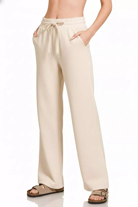 Sarah Express Women's Scuba Drawstring Wide Leg Pants SAND BEIGE