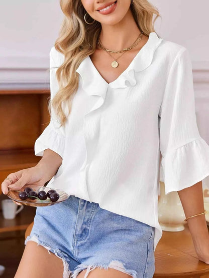 Sarah Express Women's Ruffled Flounce Sleeve Blouse - Elegant Polyester Top White