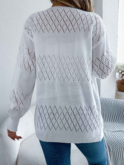 Sarah Express Women's Hollow Out Lantern Sleeve Cardigan Sweater - Mid-Length Knit