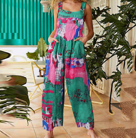 Sarah Express Women's Patchwork Printed Button Suspender Jumpsuit Loose Fit Cotton Blend Casual Overall
