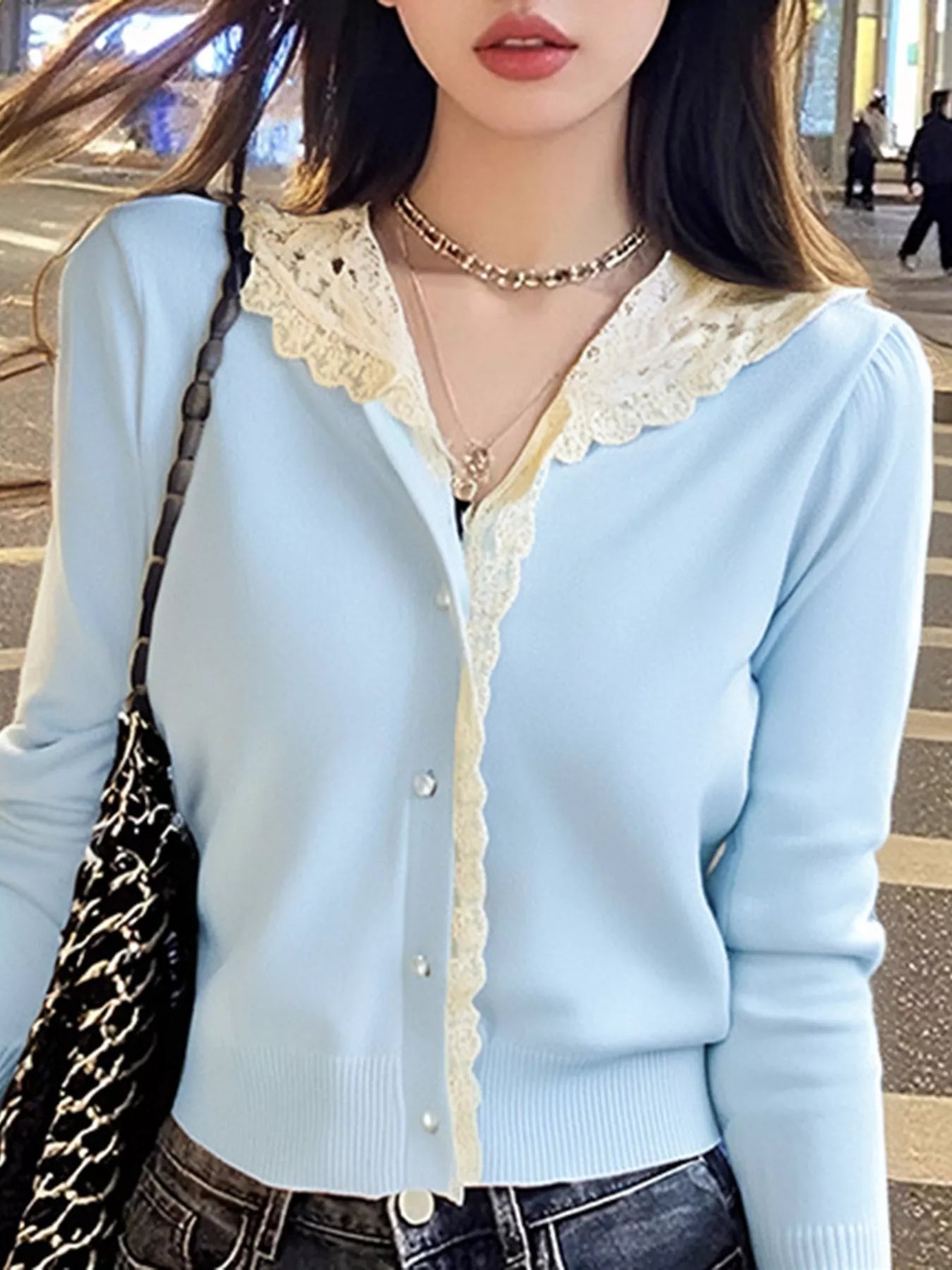 Sarah Express Women's Lace Trim Hooded Cardigan