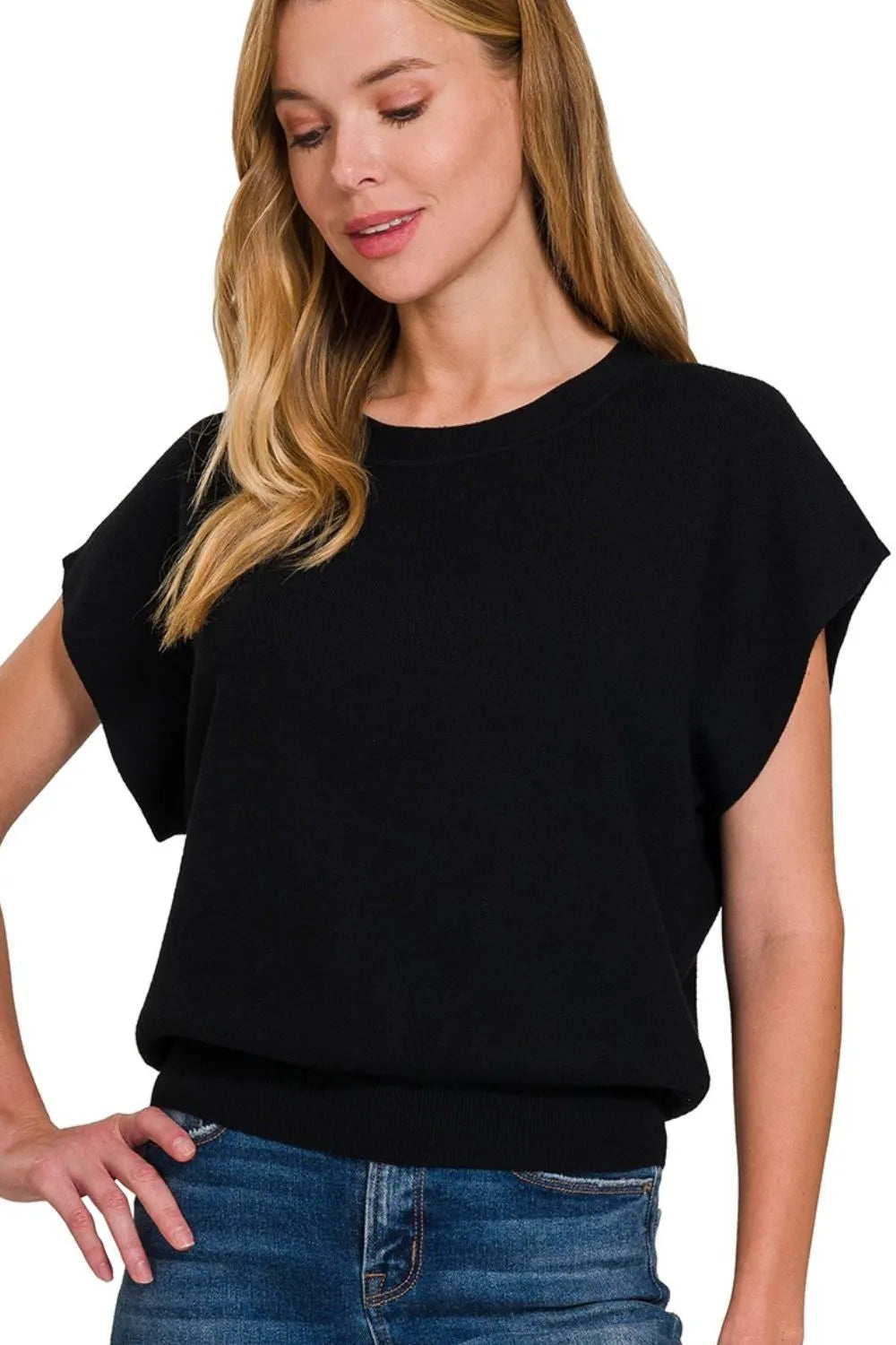 Sarah Express Women’s Ribbed Short Dolman Sleeve Sweater Casual