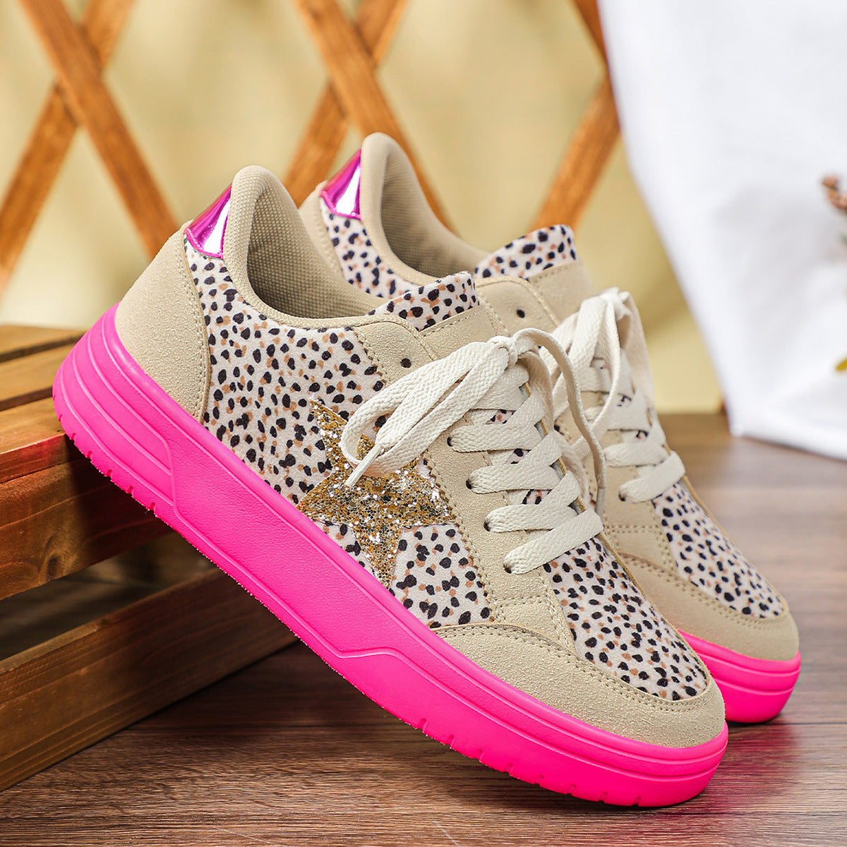 Sarah Express Leopard Print Retro Skate Shoes | Unisex Low-Top Sneakers | Men's & Women's Beige Gray Polka