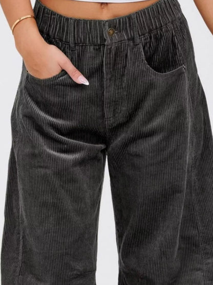 Sarah Express Women's High Waist Corduroy Wide Leg Pants with Pockets - Casual Button Front Trousers