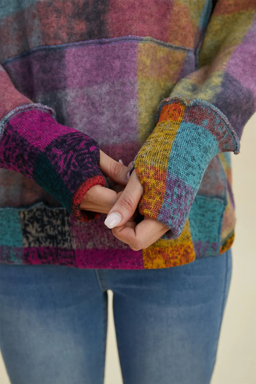 Sarah Express Women's Plaid Dropped Shoulder Fleece Hoodie