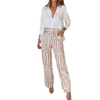Sarah Express Women's 2-Piece Suit Set Lapel Shirt Wide Leg Pants Printed