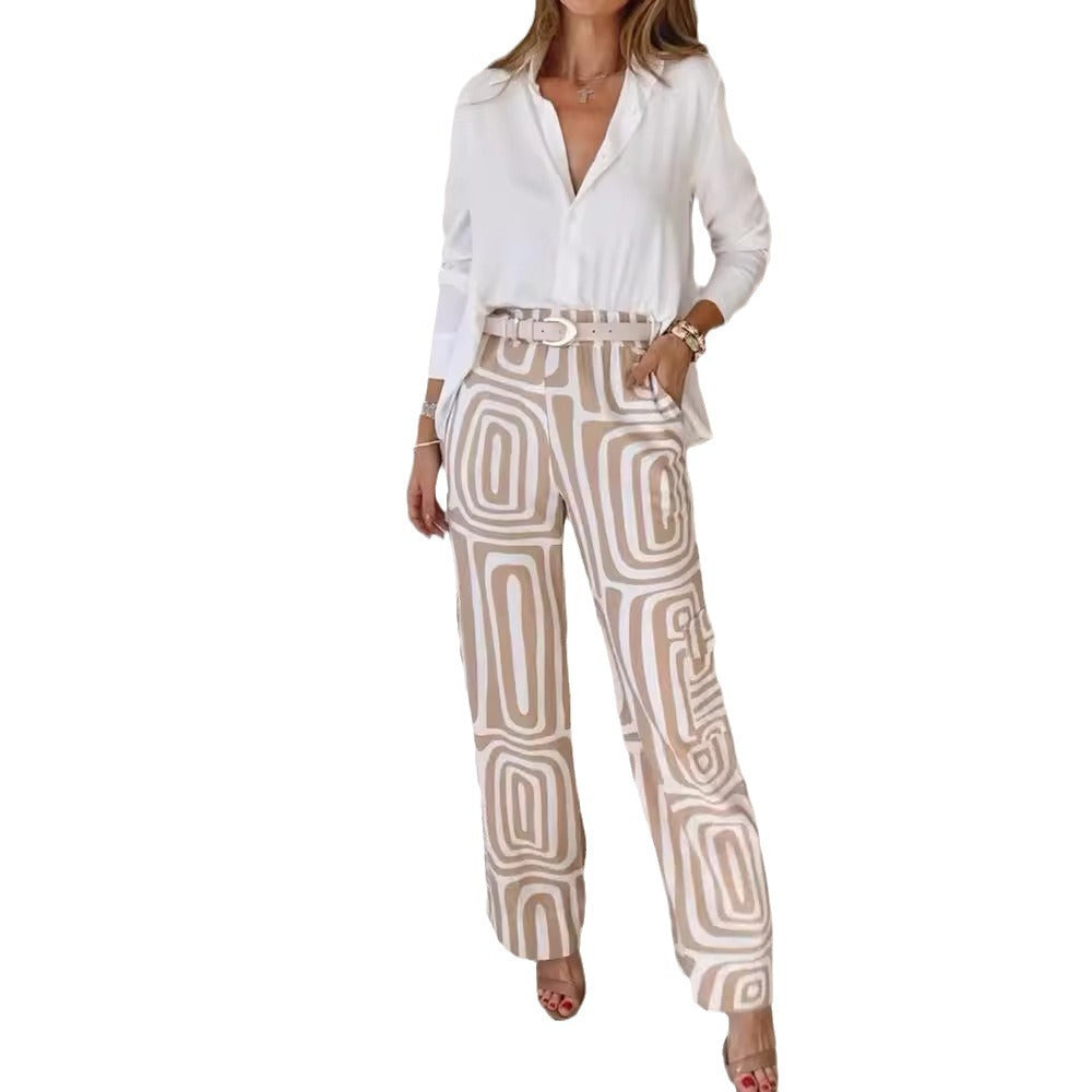 Sarah Express Women's 2-Piece Suit Set Lapel Shirt Wide Leg Pants Printed