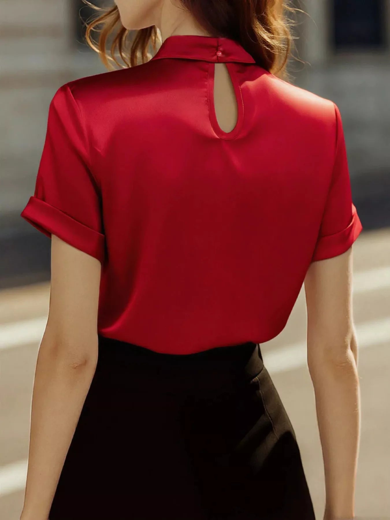 Sarah Express Women's Keyhole Neck Satin Short Sleeve Blouse