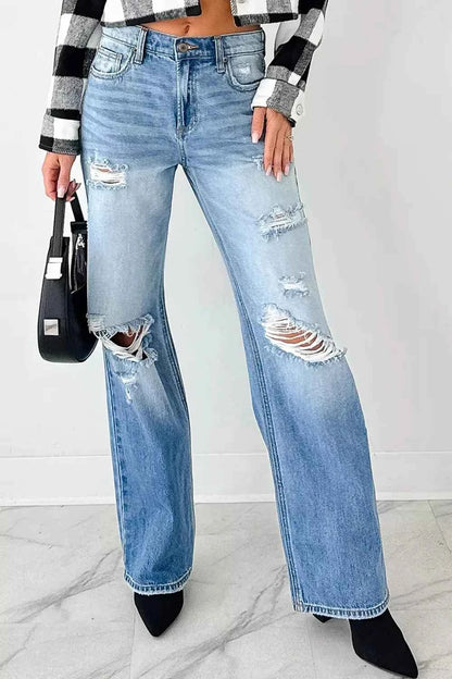 Sarah Express Women's Mid Rise Distressed Straight Leg Jeans - Sneak Peek Denim