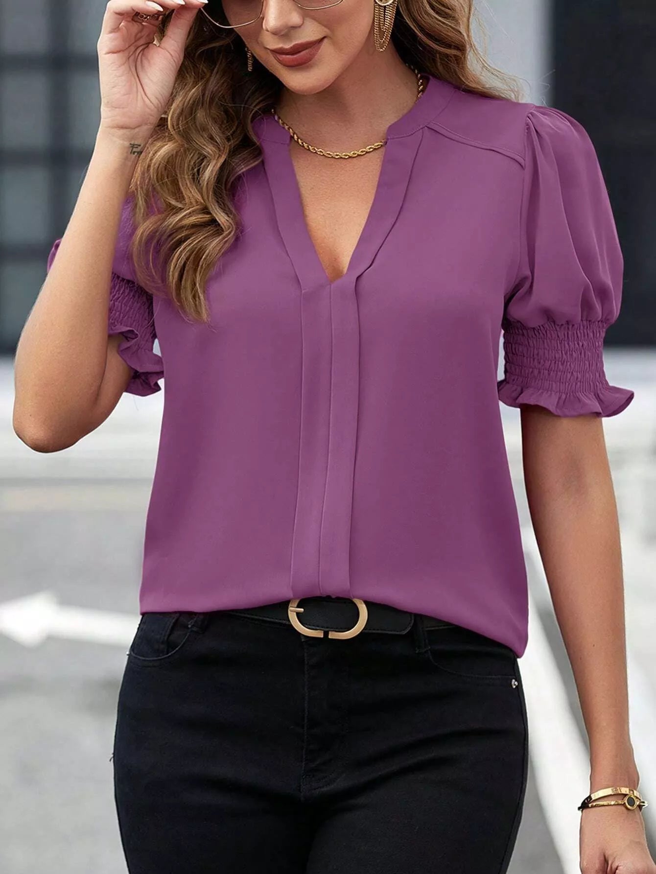 Sarah Express Women's Notched Half Sleeve Blouse Purple
