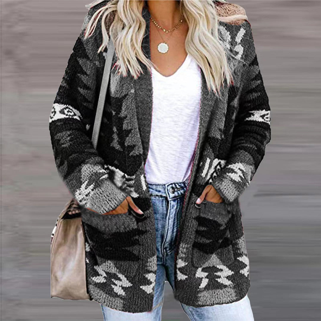 Sarah Express Women's Festive Printed Knit Cardigan Loose Fit Halloween Christmas Sweater