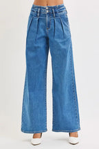 Sarah Express Women’s Plus Size Mid Rise Wide Leg Jeans with Pleated Detail
