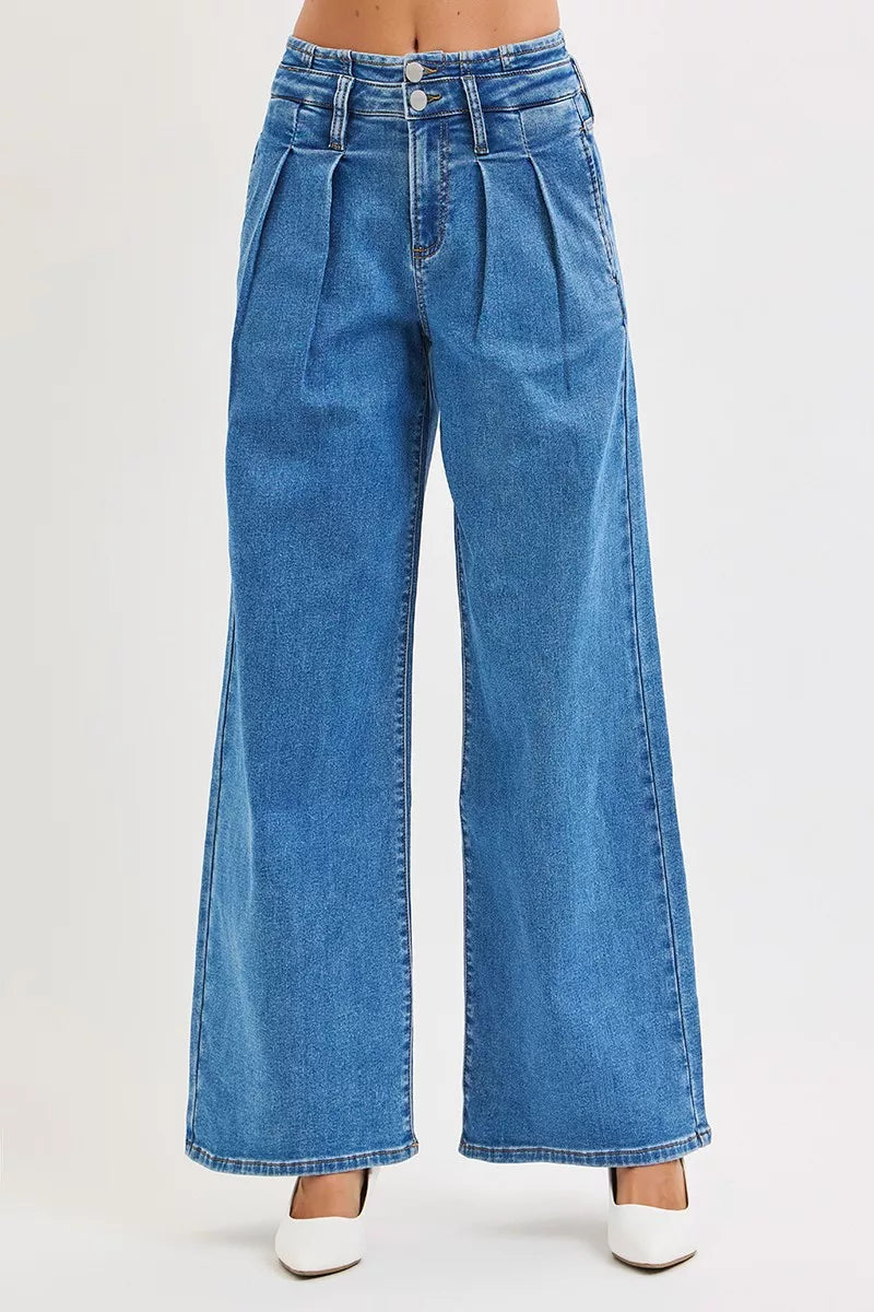 Sarah Express Women’s Plus Size Mid Rise Wide Leg Jeans with Pleated Detail
