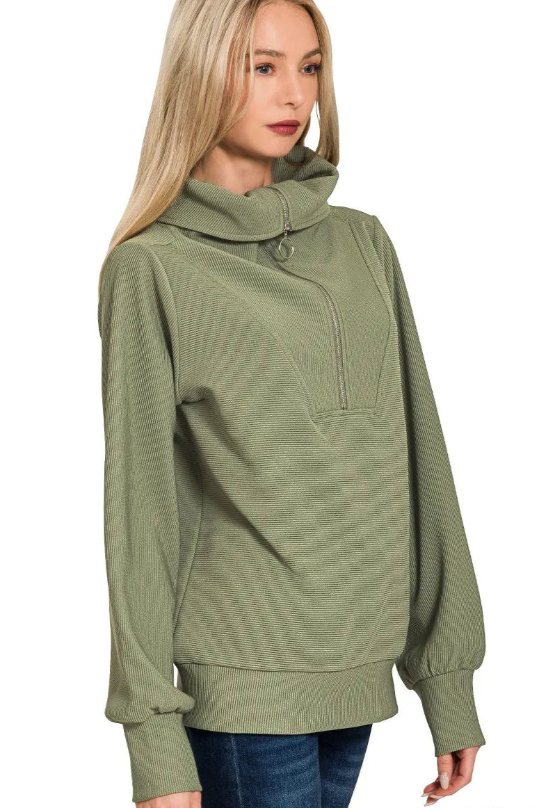 Sarah Express Women’s Ribbed High Neck Half Zip Lounge Set with Palazzo Pants