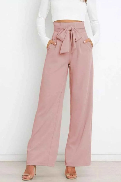 Sarah Express Women's High Waist Tie Front Wide Leg Pants - Pocketed Palazzo Trousers