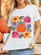 Sarah Express Women's Pumpkin Floral Graphic Round Neck T-Shirt