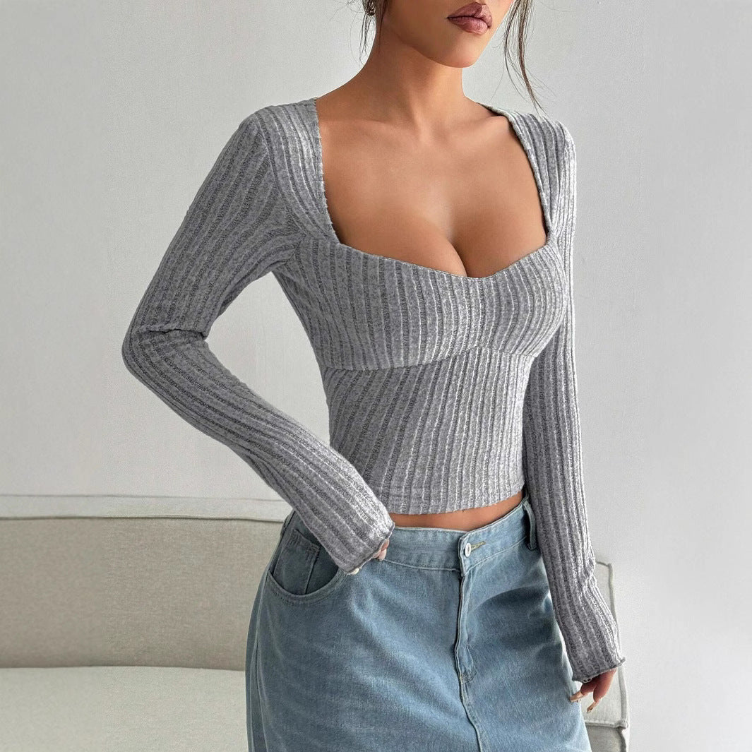 Sarah Express Women's Cropped Long Sleeve Striped Brushed Top