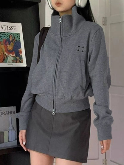 Sarah Express Women's Casual Zip-Up Cropped Jacket Gray