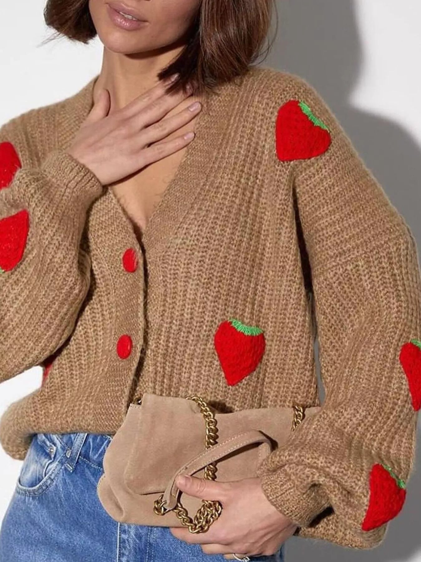 Sarah Express Women's Strawberry Button Down Cardigan Caramel