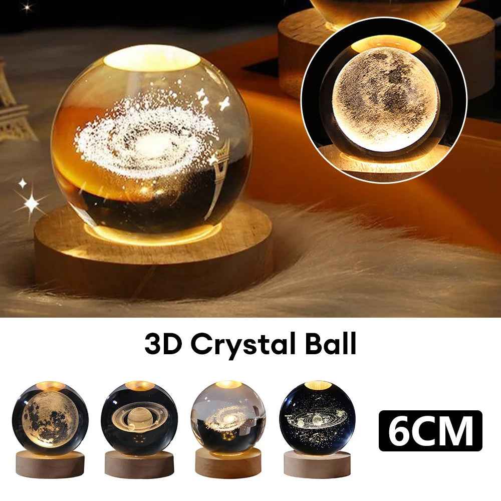 Sarah Express 3D Crystal Ball Night Light - Luminous Planetary Moon Galaxy Projection Lamp with Wooden Base