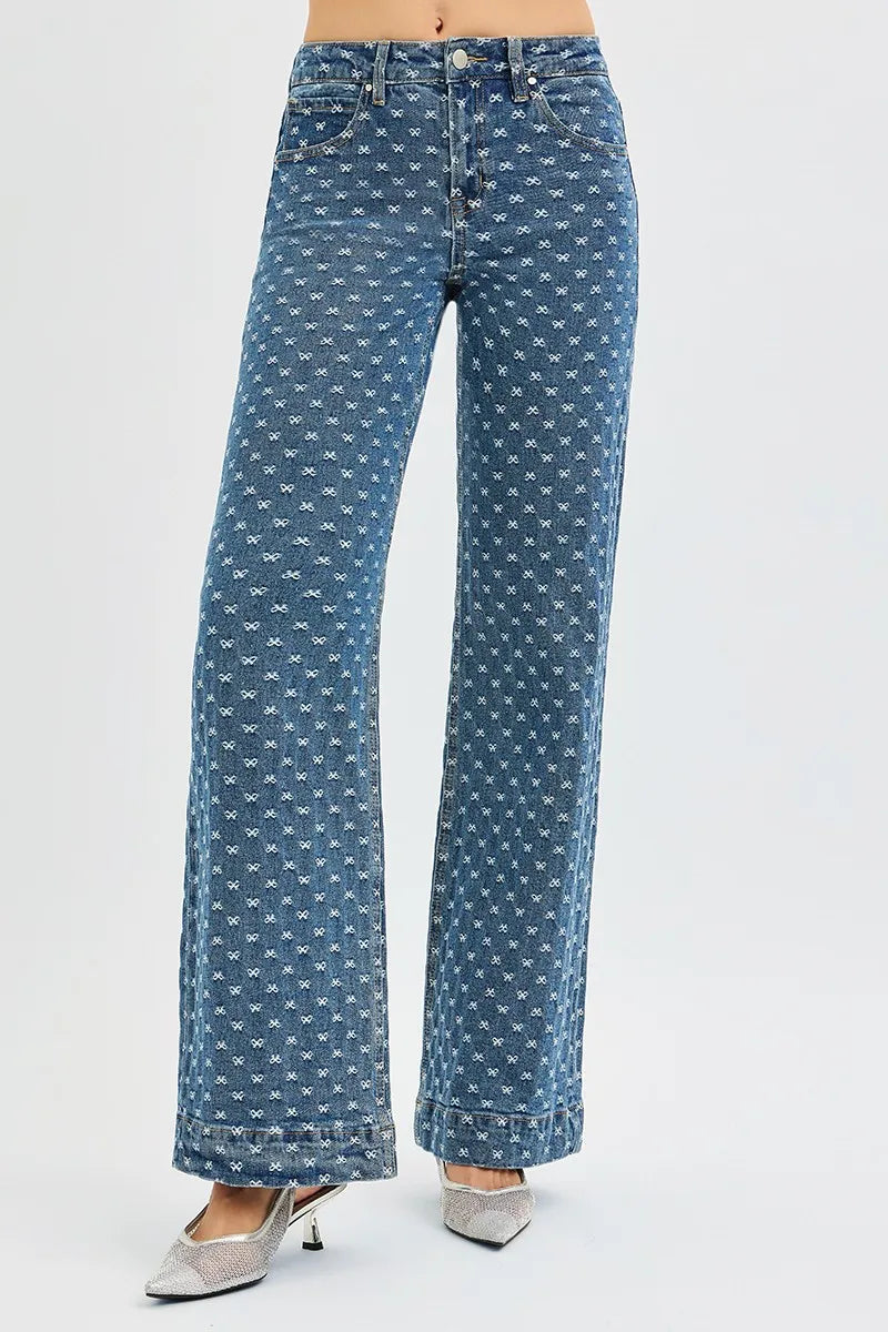 Sarah Express Women’s High Rise Wide Leg Jeans with Bow Embroidery
