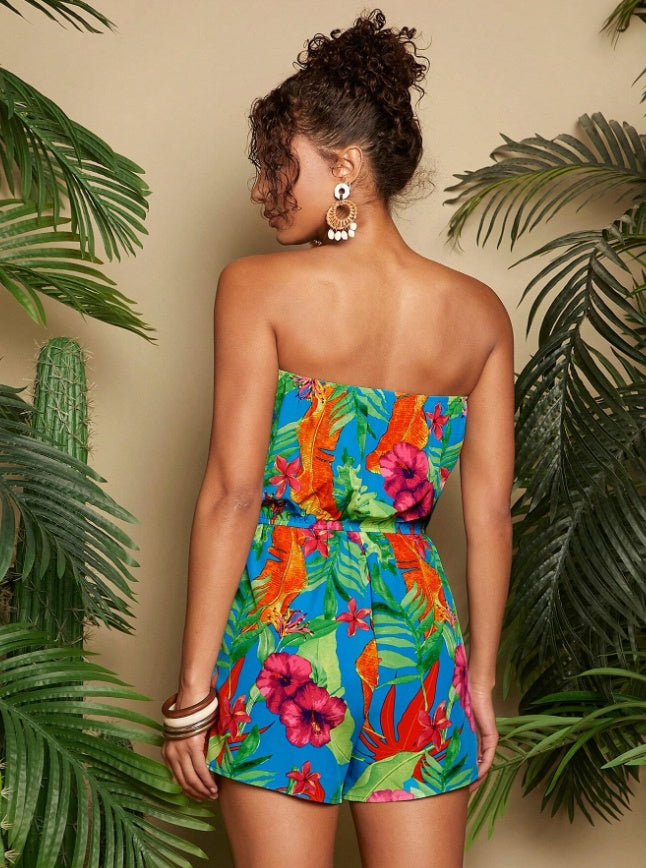 Sarah Express Women's Strapless Tropical Floral Romper High Waist Backless Vacation Jumpsuit