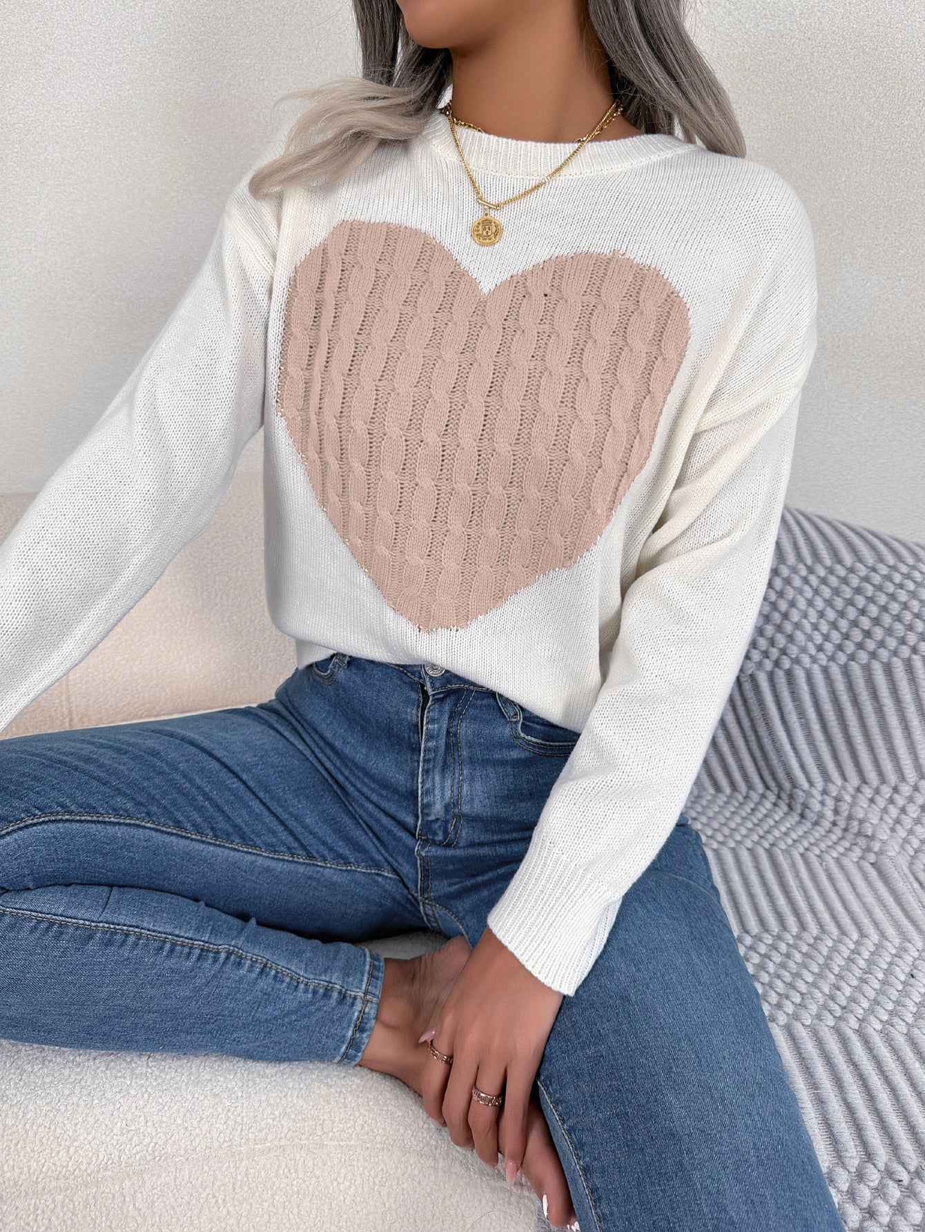 Sarah Express Women's Cable Knit Heart Pattern Pullover Sweater Long Sleeve