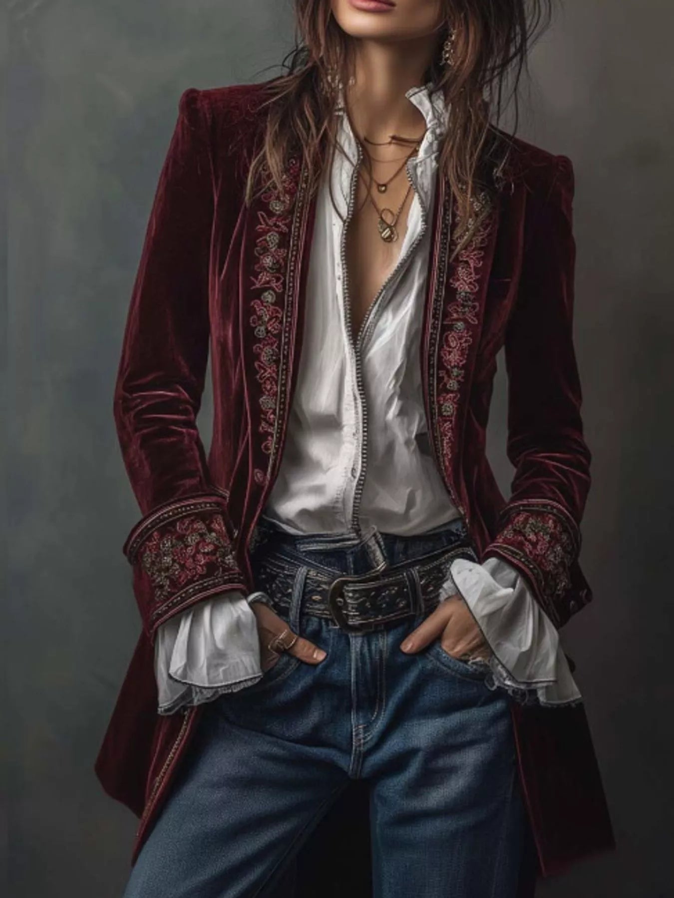 Sarah Express Women's Embroidered Velvet Jacket - Long Sleeve Outerwear Purple Red