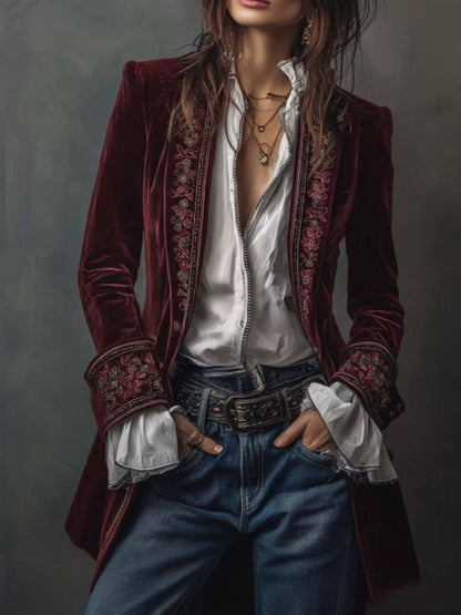 Sarah Express Women's Embroidered Velvet Jacket - Long Sleeve Outerwear Purple Red