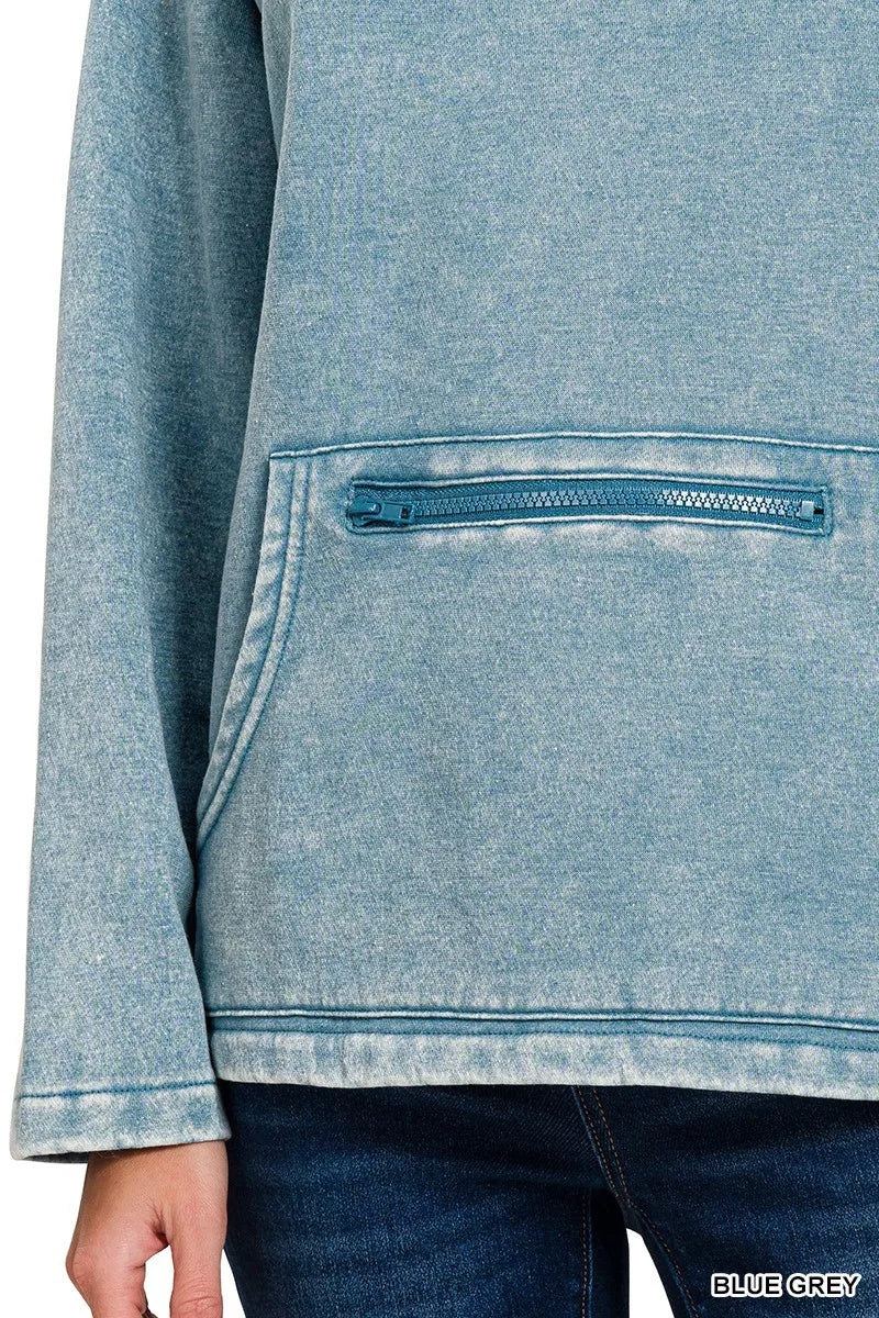 Trendsi Women's Fleece Washed High Neck Kangaroo Pocket Sweatshirt