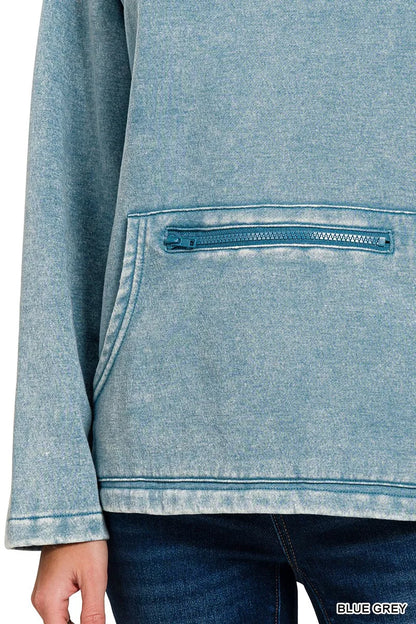 Trendsi Women's Fleece Washed High Neck Kangaroo Pocket Sweatshirt