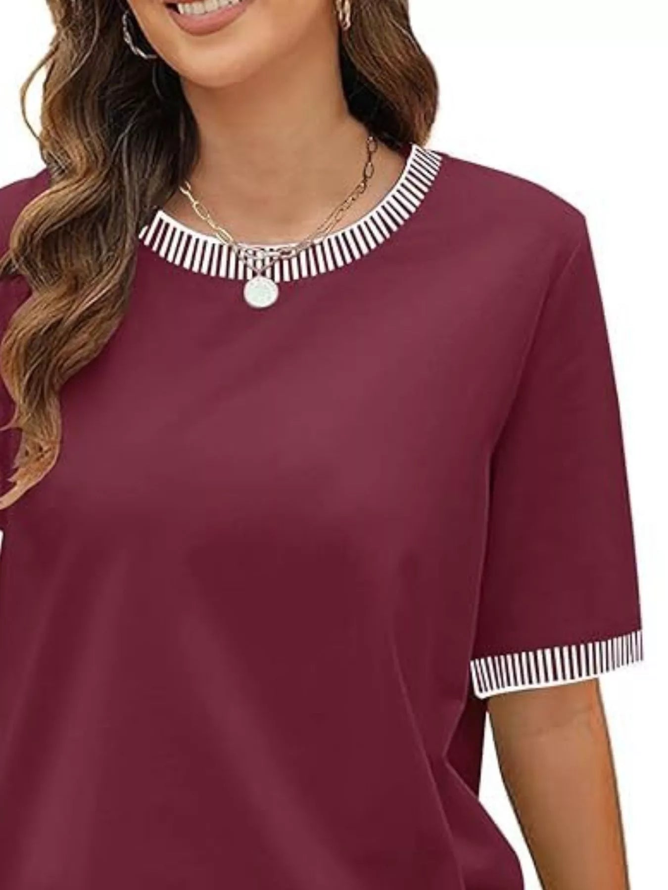 Sarah Express Women's Striped Trim Casual T-Shirt - Relaxed Fit Short Sleeve Top