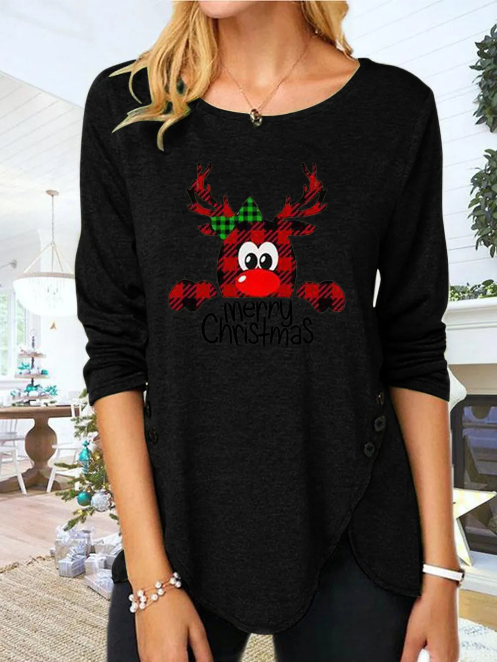 Sarah Express Women's Reindeer Round Neck Long Sleeve T-Shirt Black