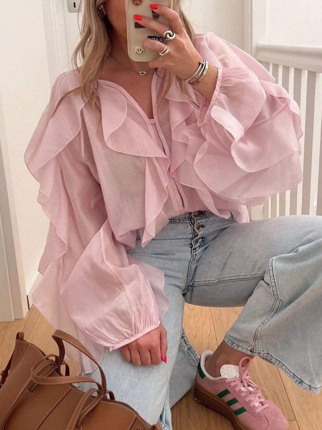 Sarah Express Women's Ruffled Sheer Long Sleeve Blouse Pink