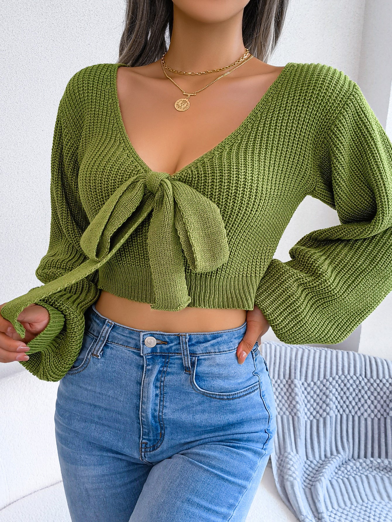 Sarah Express Women's Bow V-Neck Cropped Sweater - Lantern Sleeve Knit Top Green