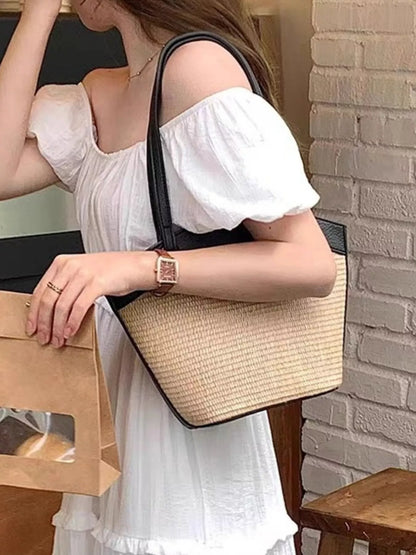 Sarah Express Women's Contrast Trim Straw Shoulder Bag Black ONESIZE