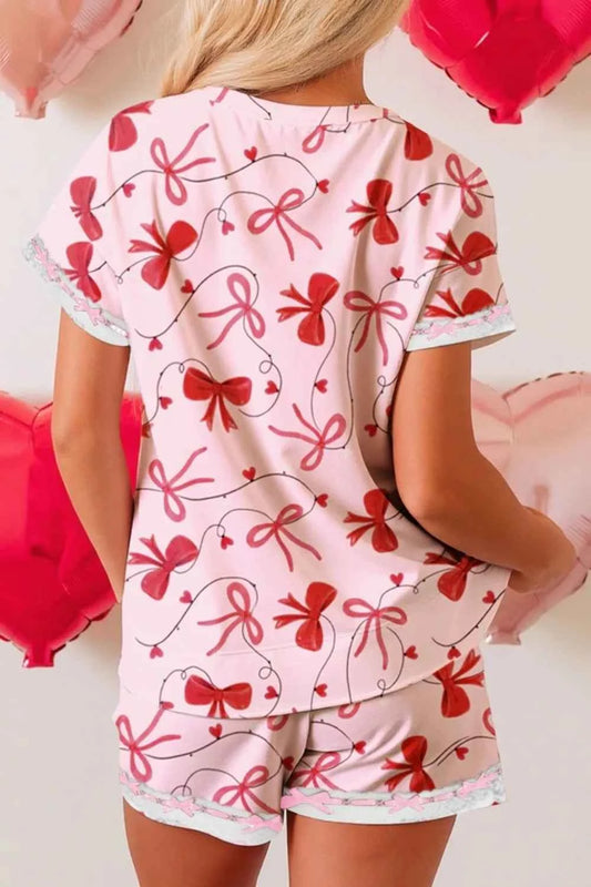 Sarah Express Women's Bow Print Lounge Set - Loose Tee & Drawstring Shorts 2 Piece Pajama Set