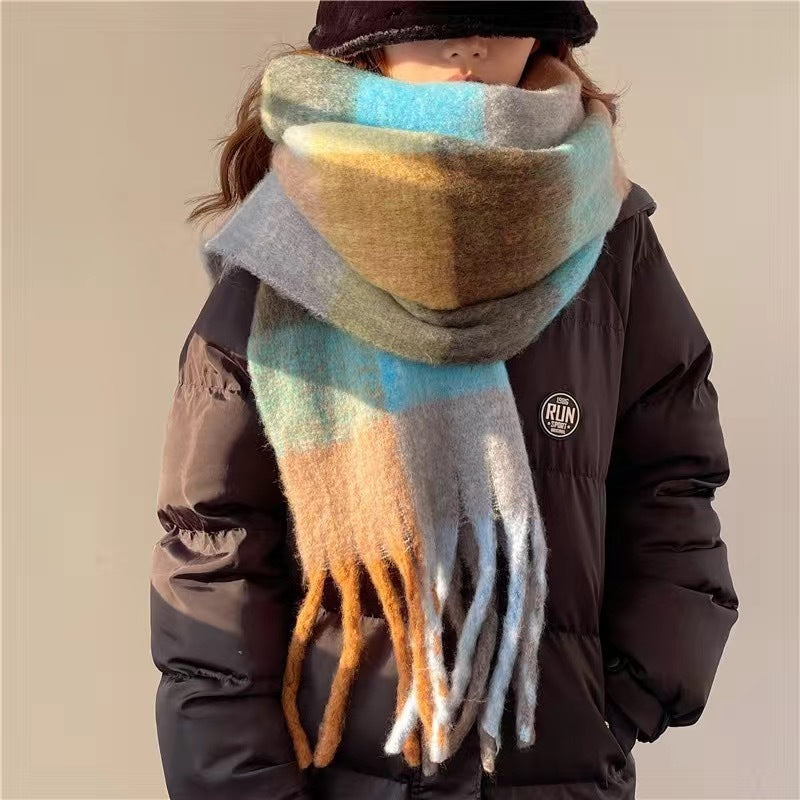 Sarah Express Rainbow Plaid Tassel Scarf Color Block Oversized Shawl Wrap