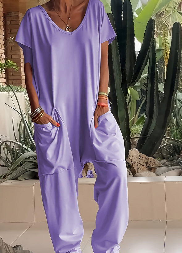 Sarah Express Women's V-Neck Oversized Jumpsuit Quarter Sleeve Pockets Casual Street Style Spring Summer