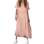 Sarah Express Women's Loose Cotton Linen Maxi Dress Short Sleeve Casual Relaxed Fit