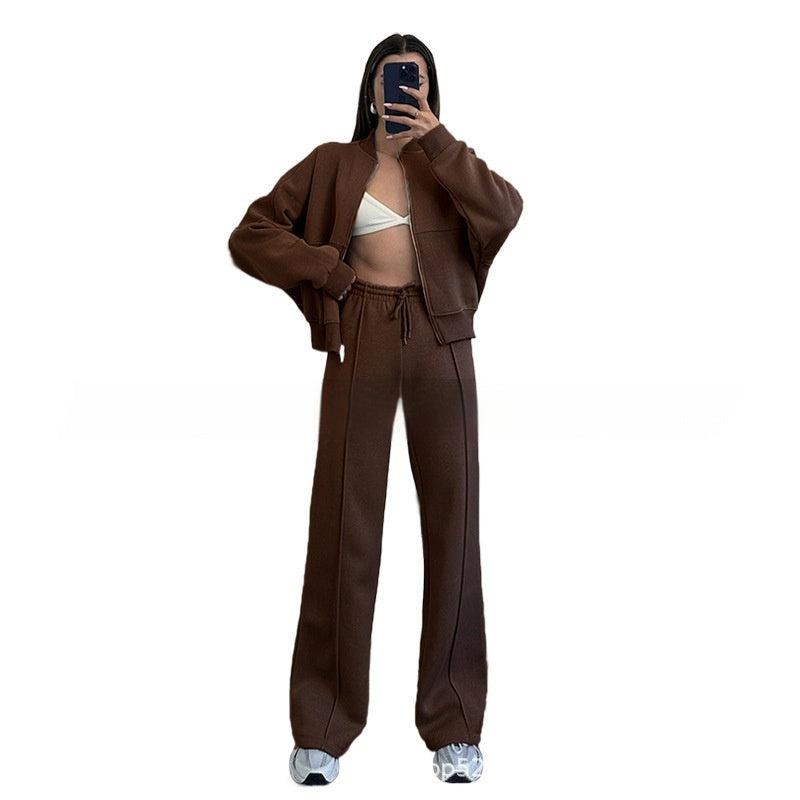 Sarah Express Women's Athleisure Tracksuit Set - Zipper Jacket & Wide Leg Pants Two Piece Outfit Coffee