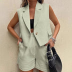 Sarah Express Sleeveless Button Vest High-Waist Shorts Two-Piece Set