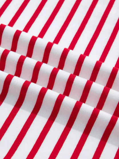 Sarah Express Women's Stripe Contrast Frilled Trim Half Button Long Sleeve Top