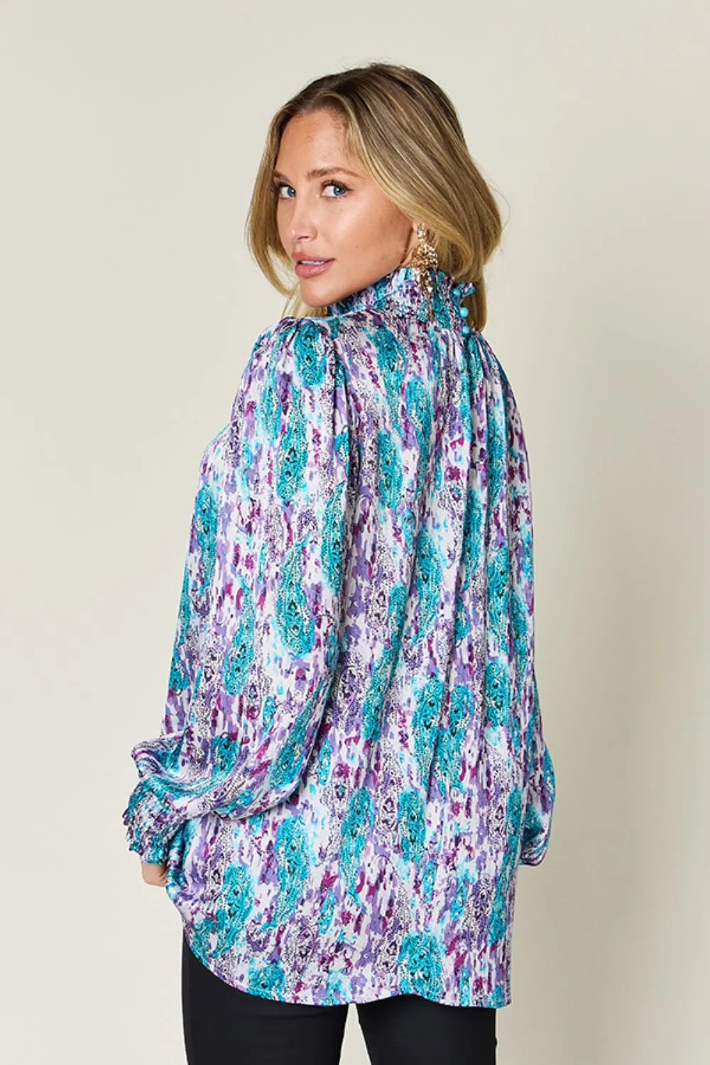 Sarah Express Women's Printed Smocked Long Sleeve Blouse