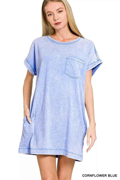 Sarah Express Women's Premium Cotton Washed T-Shirt Dress with Pockets CORNFLOWER BLUE