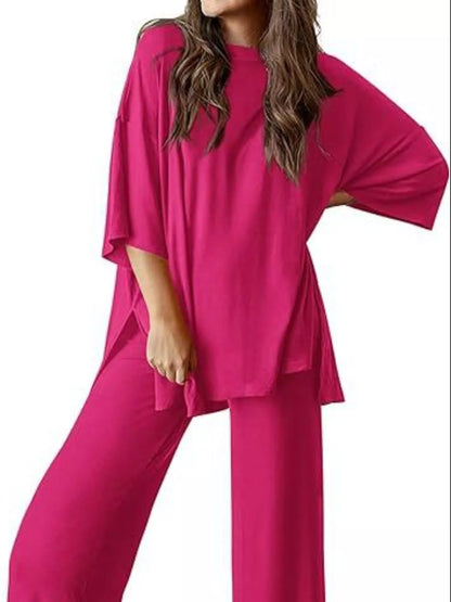 Sarah Express Women's Two Piece Slit Round Neck Top and Pants Set - Casual Loungewear Outfit Hot Pink
