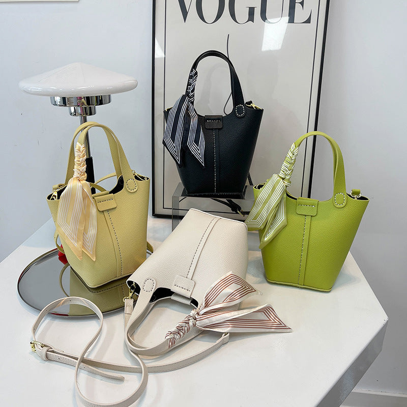 Sarah Express Western Style Bucket Bag with Silk Scarf for Women - PU Leather Crossbody Handbag