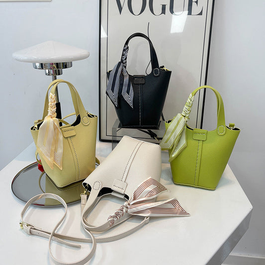Sarah Express Western Style Bucket Bag with Silk Scarf for Women - PU Leather Crossbody Handbag