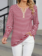Sarah Express Women's Striped Long Sleeve Henley T-Shirt - Button Front Casual Top