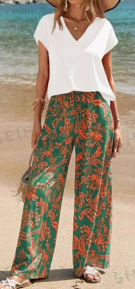 Sarah Express Women's V-Neck Top Botanical Print Pants Set - Two-Piece Summer Casual Outfit